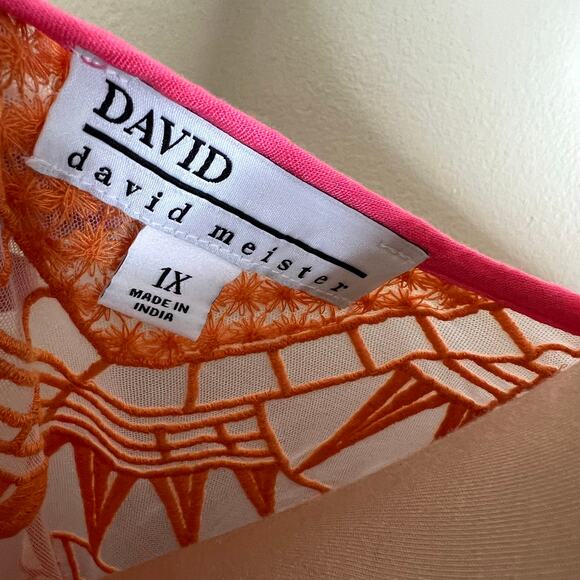 David Meister Peasant Top 1X Womens Plus Embroidered Relaxed Pink Orange Rayon - Picture 6 of 8
